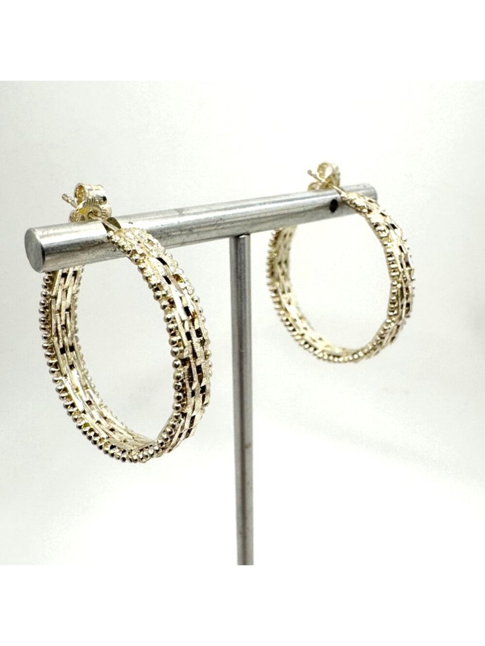 Beaded Hoop Earrings Butterfly Closure Sterling Silver 925 Size 1" Length